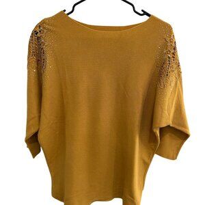 Liv Milano Mustard Yellow Embellished 3/4 Sleeve Top Lace & Rhinestone Sz M Chic